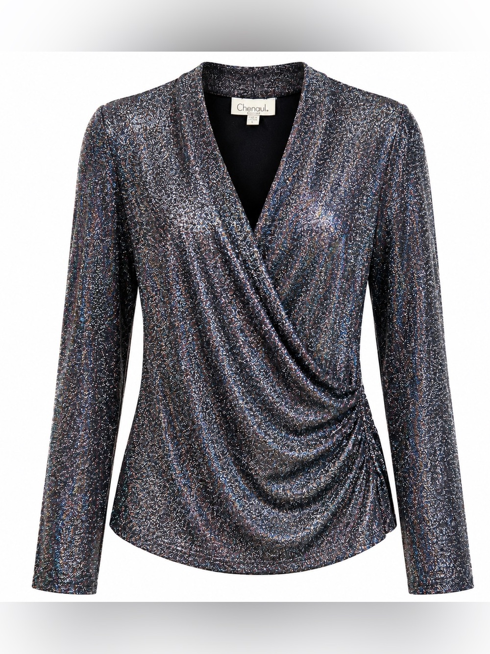 Chenault Wrap Top XL Silver Black Excellent Metallic Sparkly Blouse Disco